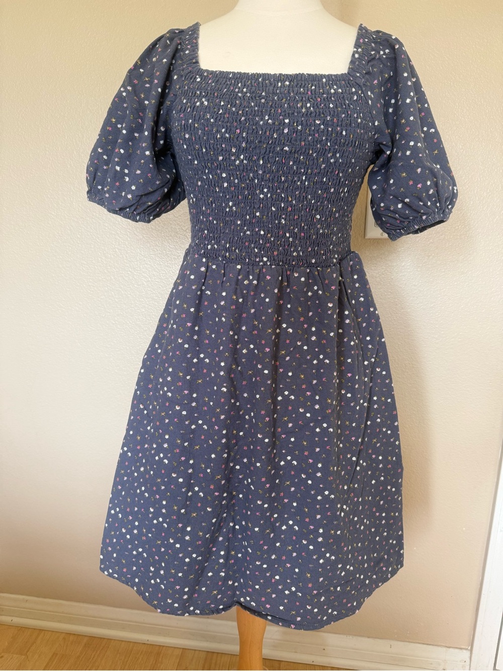 Universal Thread Gray Smocked Mini Dress with Pink & White Ditsy Print